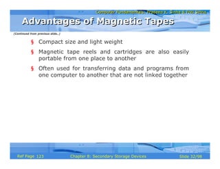 Computer Fundamentals: Pradeep K. Sinha & Priti SinhaComputer Fundamentals: Pradeep K. Sinha & Priti Sinha
Slide 32/98Chapter 8: Secondary Storage DevicesRef Page
§ Compact size and light weight
§ Magnetic tape reels and cartridges are also easily
portable from one place to another
§ Often used for transferring data and programs from
one computer to another that are not linked together
Advantages of Magnetic TapesAdvantages of Magnetic Tapes
(Continued from previous slide..)
123
 