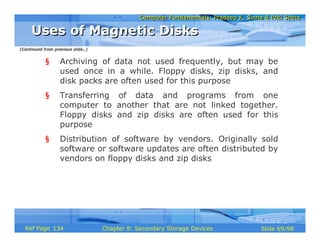 Computer Fundamentals: Pradeep K. Sinha & Priti SinhaComputer Fundamentals: Pradeep K. Sinha & Priti Sinha
Slide 69/98Chapter 8: Secondary Storage DevicesRef Page
§ Archiving of data not used frequently, but may be
used once in a while. Floppy disks, zip disks, and
disk packs are often used for this purpose
§ Transferring of data and programs from one
computer to another that are not linked together.
Floppy disks and zip disks are often used for this
purpose
§ Distribution of software by vendors. Originally sold
software or software updates are often distributed by
vendors on floppy disks and zip disks
Uses of Magnetic DisksUses of Magnetic Disks
(Continued from previous slide..)
134
 