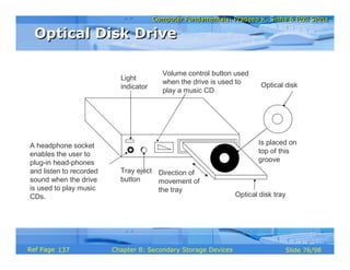Computer Fundamentals: Pradeep K. Sinha & Priti SinhaComputer Fundamentals: Pradeep K. Sinha & Priti Sinha
Slide 76/98Chapter 8: Secondary Storage DevicesRef Page
Light
indicator
Optical disk tray
Volume control button used
when the drive is used to
play a music CD
Is placed on
top of this
groove
Optical disk
Direction of
movement of
the tray
A headphone socket
enables the user to
plug-in head-phones
and listen to recorded
sound when the drive
is used to play music
CDs.
Tray eject
button
Optical Disk DriveOptical Disk Drive
137
 
