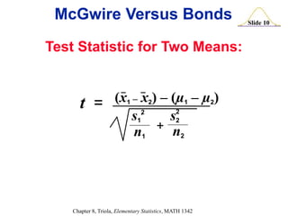 Slide 10
Chapter 8, Triola, Elementary Statistics, MATH 1342
Test Statistic for Two Means:
(x1 – x2) – (µ1 – µ2)
t =
n1 n2
+
s1
.
s2
2
2
McGwire Versus Bonds
 