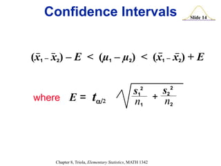 Slide 14
Chapter 8, Triola, Elementary Statistics, MATH 1342
Confidence Intervals
(x1 – x2) – E < (µ1 – µ2) < (x1 – x2) + E
+
n1 n2
s1 s2
where E = t
2
2
 