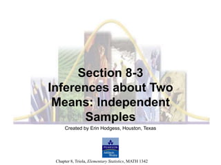 Slide 2
Chapter 8, Triola, Elementary Statistics, MATH 1342
Created by Erin Hodgess, Houston, Texas
Section 8-3
Inferences about Two
Means: Independent
Samples
 