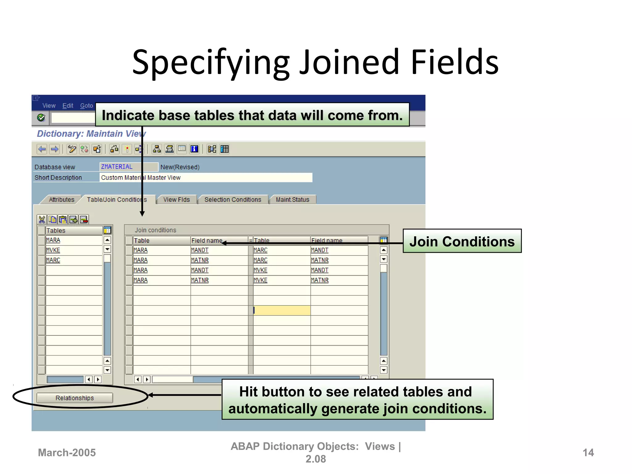 Specifying Joined Fields
March-2005
ABAP Dictionary Objects: Views |
2.08
14
Indicate base tables that data will come from.Indicate base tables that data will come from.
Hit button to see related tables and
automatically generate join conditions.
Join Conditions
 