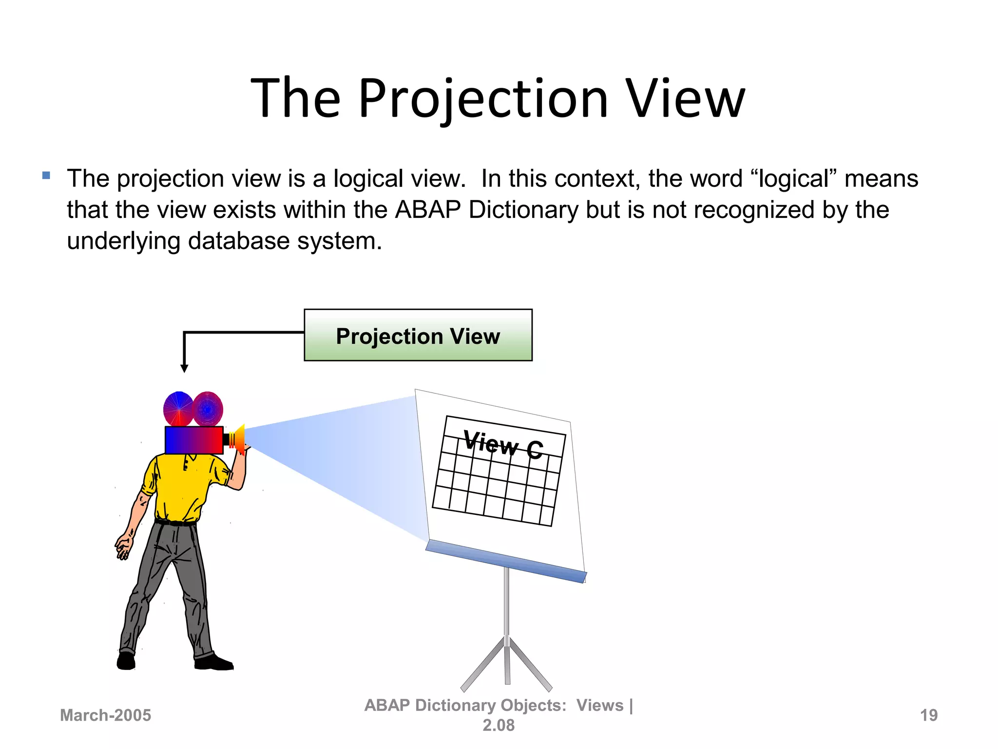 The Projection View
March-2005
ABAP Dictionary Objects: Views |
2.08
19
View C
Projection View
 The projection view is a logical view. In this context, the word “logical” means
that the view exists within the ABAP Dictionary but is not recognized by the
underlying database system.
 
