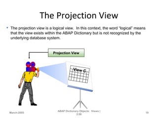 The Projection View
March-2005
ABAP Dictionary Objects: Views |
2.08
19
View C
Projection View
 The projection view is a logical view. In this context, the word “logical” means
that the view exists within the ABAP Dictionary but is not recognized by the
underlying database system.
 
