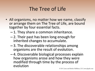 The Tree of Life All organisms, no matter how we name, classify or arrange them on The Tree of Life, are bound together by four essential facts. 1. They share a common inheritance. 2. Their past has been long enough for inherited changes to accumulate. 3. The discoverable relationships among organisms are the result of evolution. 4. Discoverable biological processes explain how organisms arose and how they were modified through time by the process of evolution 