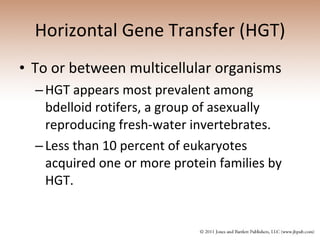 Horizontal Gene Transfer (HGT) To or between multicellular organisms HGT appears most prevalent among bdelloid rotifers, a group of asexually reproducing fresh-water invertebrates. Less than 10 percent of eukaryotes acquired one or more protein families by HGT. 