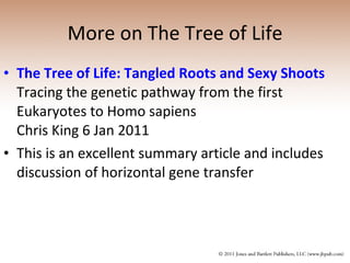 More on The Tree of Life The Tree of Life: Tangled Roots and Sexy Shoots Tracing the genetic pathway from the first Eukaryotes to Homo sapiens Chris King 6 Jan 2011 This is an excellent summary article and includes discussion of horizontal gene transfer 