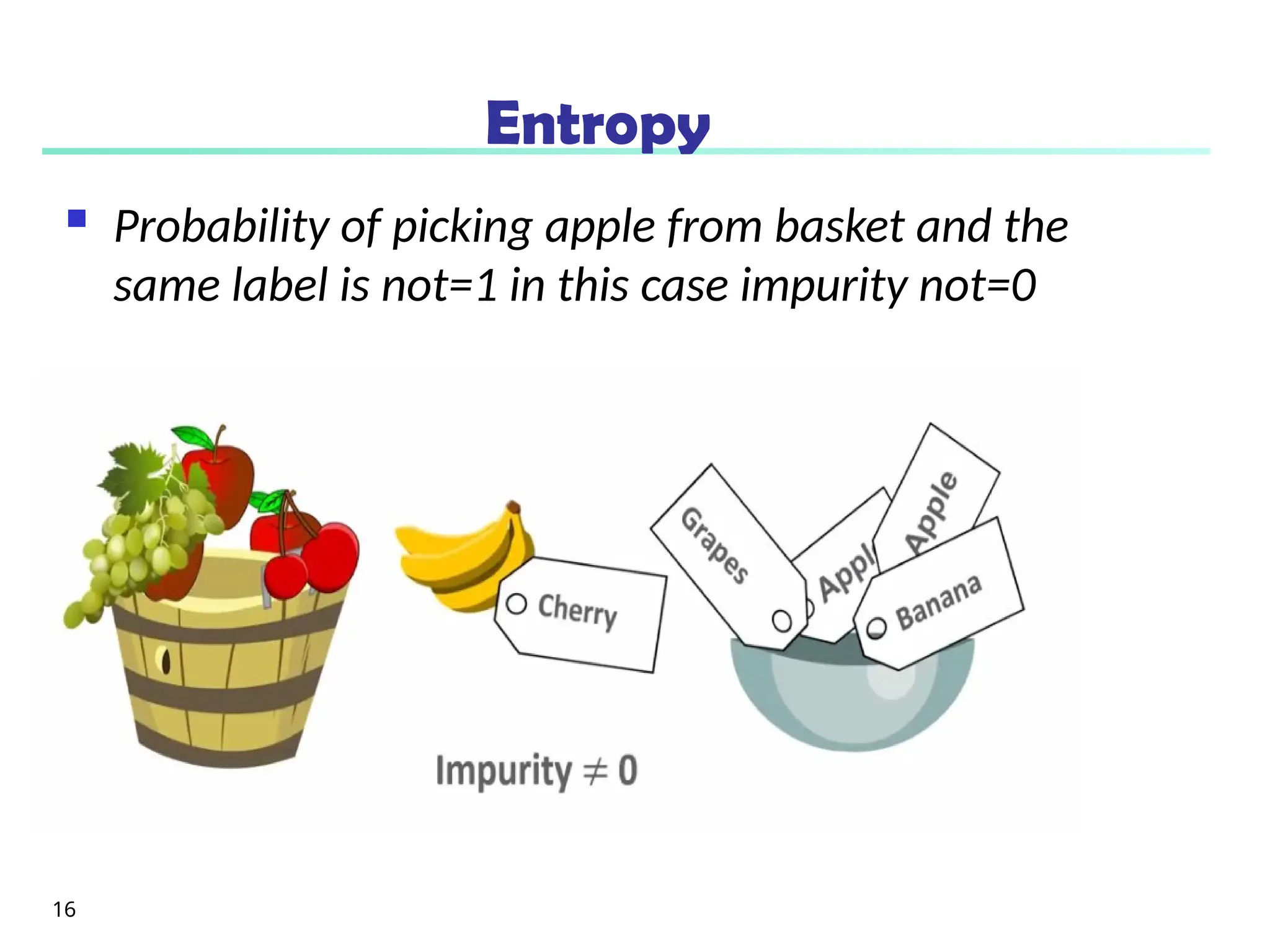 Entropy
 Probability of picking apple from basket and the
same label is not=1 in this case impurity not=0
16
 