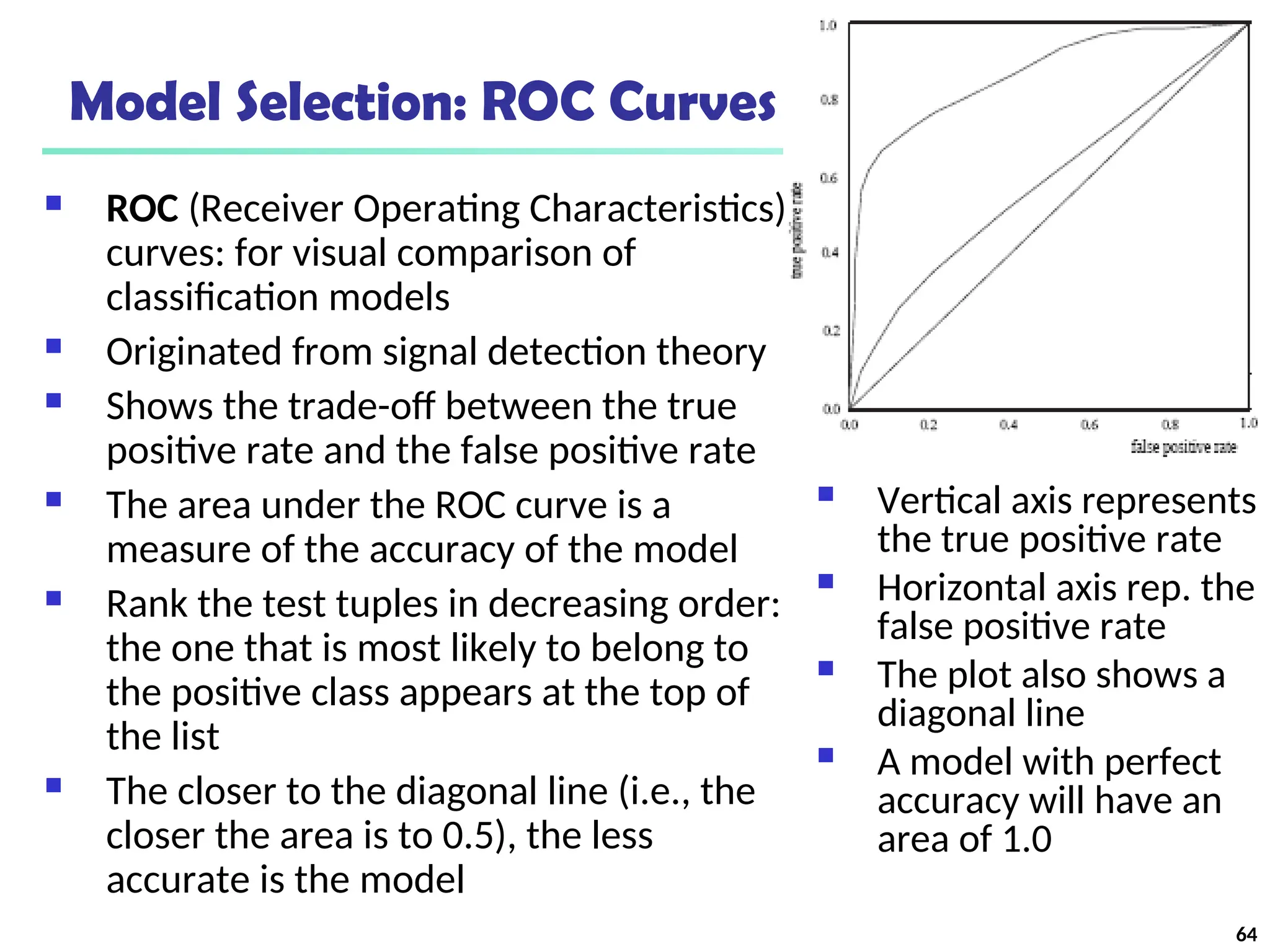 Model Selection: ROC Curves
 ROC (Receiver Operating Characteristics)
curves: for visual comparison of
classification models
 Originated from signal detection theory
 Shows the trade-off between the true
positive rate and the false positive rate
 The area under the ROC curve is a
measure of the accuracy of the model
 Rank the test tuples in decreasing order:
the one that is most likely to belong to
the positive class appears at the top of
the list
 The closer to the diagonal line (i.e., the
closer the area is to 0.5), the less
accurate is the model
 Vertical axis represents
the true positive rate
 Horizontal axis rep. the
false positive rate
 The plot also shows a
diagonal line
 A model with perfect
accuracy will have an
area of 1.0
64
 