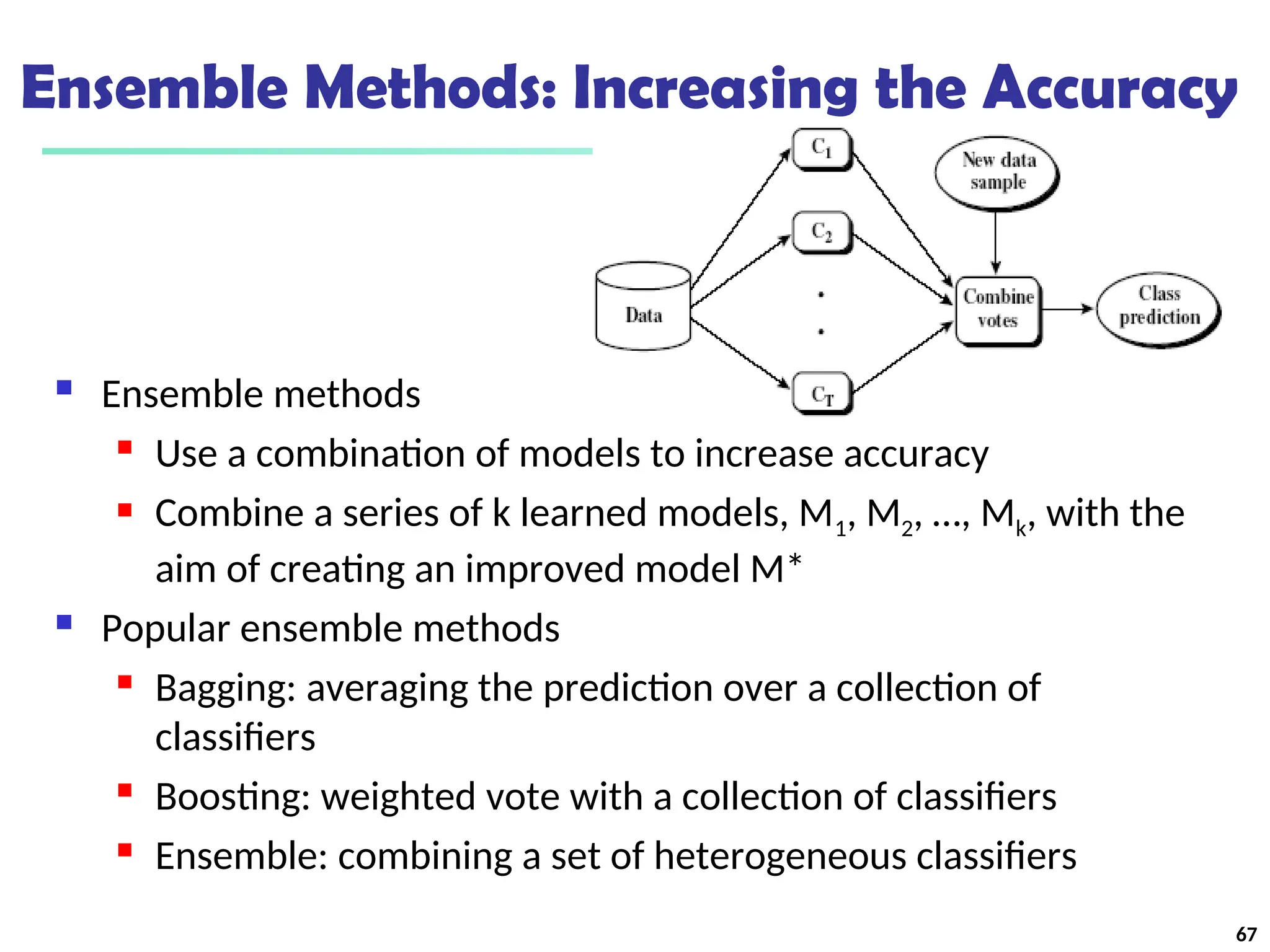 Ensemble Methods: Increasing the Accuracy
 Ensemble methods

Use a combination of models to increase accuracy
 Combine a series of k learned models, M1, M2, …, Mk, with the
aim of creating an improved model M*
 Popular ensemble methods
 Bagging: averaging the prediction over a collection of
classifiers

Boosting: weighted vote with a collection of classifiers
 Ensemble: combining a set of heterogeneous classifiers
67
 