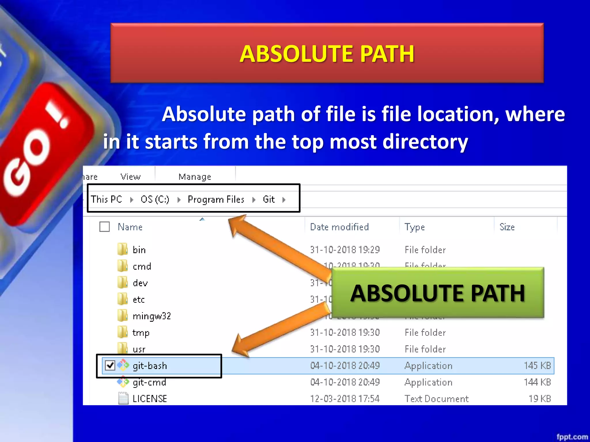 ABSOLUTE PATH Absolute path of file is file location, where in it starts from the top most directory ABSOLUTE PATH 