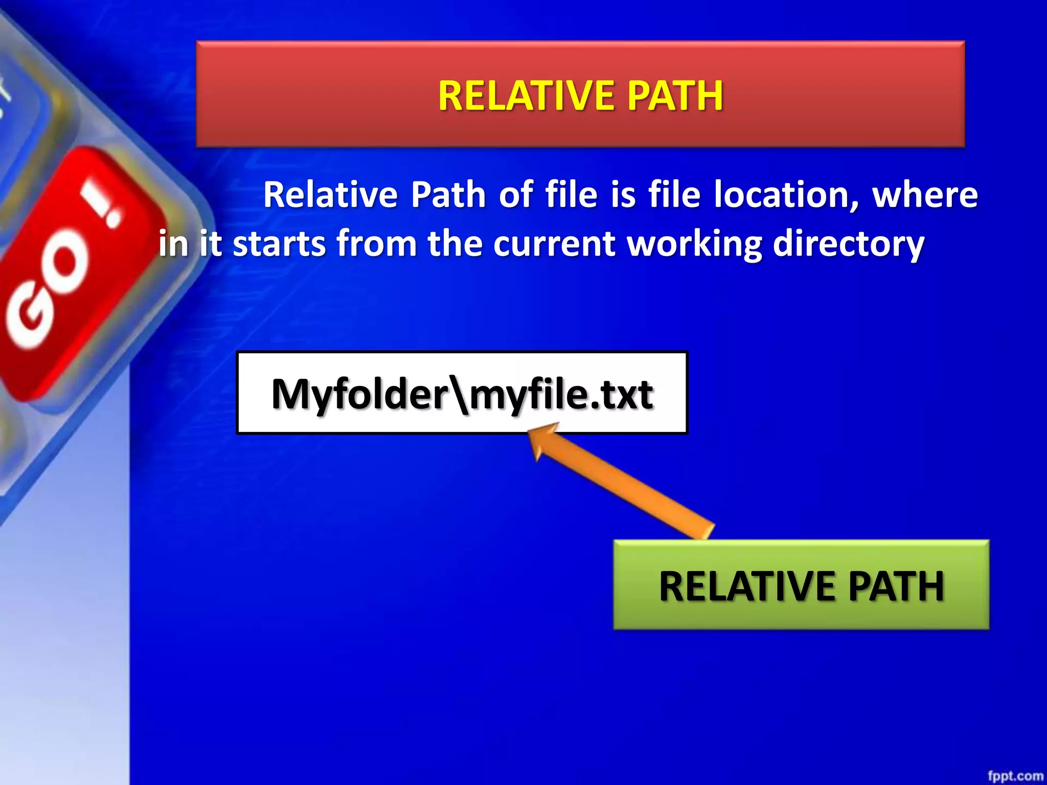 RELATIVE PATH Relative Path of file is file location, where in it starts from the current working directory Myfoldermyfile.txt RELATIVE PATH 