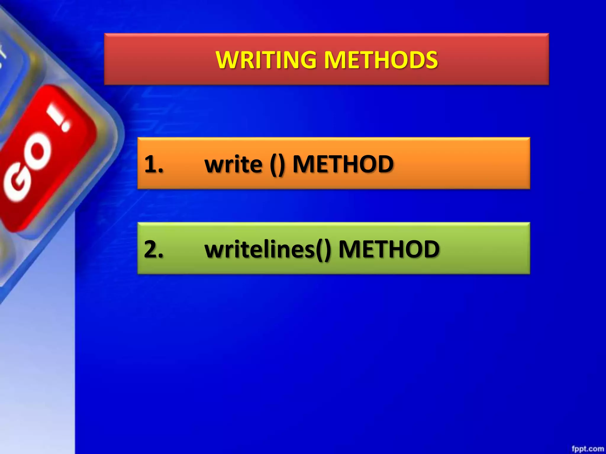 WRITING METHODS 1. write () METHOD 2. writelines() METHOD 