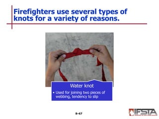 Water knot
• Used for joining two pieces of
webbing, tendency to slip
Firefighters use several types of
knots for a variety of reasons.
8–67
 