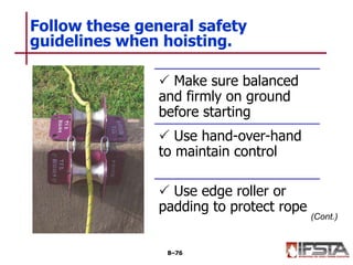 Follow these general safety
guidelines when hoisting.
8–76
 Make sure balanced
and firmly on ground
before starting
 Use hand-over-hand
to maintain control
 Use edge roller or
padding to protect rope
(Cont.)
 