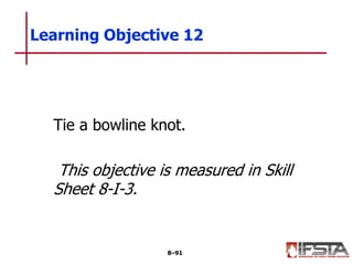 Tie a bowline knot.
This objective is measured in Skill
Sheet 8-I-3.
Learning Objective 12
8–91
 