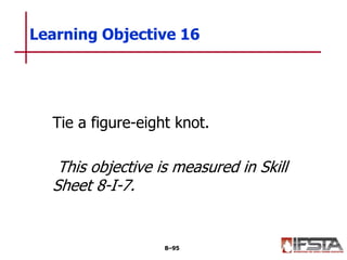 Tie a figure-eight knot.
This objective is measured in Skill
Sheet 8-I-7.
Learning Objective 16
8–95
 