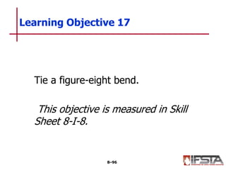 Tie a figure-eight bend.
This objective is measured in Skill
Sheet 8-I-8.
Learning Objective 17
8–96
 