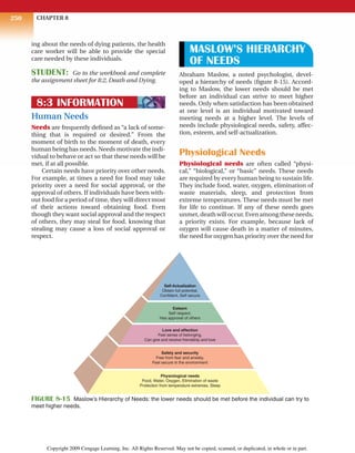 CHAPTER 8
250
ing about the needs of dying patients, the health
care worker will be able to provide the special
care needed by these individuals.
STUDENT: Go to the workbook and complete
the assignment sheet for 8:2, Death and Dying.
8:3 INFORMATION
Human Needs
Needs are frequently defined as “a lack of some-
thing that is required or desired.” From the
moment of birth to the moment of death, every
human being has needs. Needs motivate the indi-
vidual to behave or act so that these needs will be
met, if at all possible.
Certain needs have priority over other needs.
For example, at times a need for food may take
priority over a need for social approval, or the
approval of others. If individuals have been with-
out food for a period of time, they will direct most
of their actions toward obtaining food. Even
though they want social approval and the respect
of others, they may steal for food, knowing that
stealing may cause a loss of social approval or
respect.
MASLOW’S HIERARCHY
OF NEEDS
Abraham Maslow, a noted psychologist, devel-
oped a hierarchy of needs (figure 8-15). Accord-
ing to Maslow, the lower needs should be met
before an individual can strive to meet higher
needs. Only when satisfaction has been obtained
at one level is an individual motivated toward
meeting needs at a higher level. The levels of
needs include physiological needs, safety, affec-
tion, esteem, and self-actualization.
Physiological Needs
Physiological needs are often called “physi-
cal,” “biological,” or “basic” needs. These needs
are required by every human being to sustain life.
They include food, water, oxygen, elimination of
waste materials, sleep, and protection from
extreme temperatures. These needs must be met
for life to continue. If any of these needs goes
unmet,deathwilloccur.Evenamongtheseneeds,
a priority exists. For example, because lack of
oxygen will cause death in a matter of minutes,
the need for oxygen has priority over the need for
Self-Actualization
Obtain full potential,
Confident, Self secure
Esteem
Self respect,
Has approval of others
Love and affection
Feel sense of belonging,
Can give and receive friendship and love
Safety and security
Free from fear and anxiety,
Feel secure in the environment
Physiological needs
Food, Water, Oxygen, Elimination of waste
Protection from temperature extremes, Sleep
FIGURE 8-15 Maslow’s Hierarchy of Needs: the lower needs should be met before the individual can try to
meet higher needs.
Copyright 2009 Cengage Learning, Inc. All Rights Reserved. May not be copied, scanned, or duplicated, in whole or in part.
 