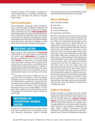 253
Human Growth and Development
attempt to listen to the patient, encourage as
much independence as possible, provide sup-
portive care, and allow the person to express
anger or fear.
Self-Actualization
Self-actualization, frequently called self-realiza-
tion, is the final need in Maslow’s hierarchy. All
other needs must be met, at least in part, before
self-actualization can occur. Self-actualization
means that people have obtained their full poten-
tials, or that they are what they want to be. People
at this level are confident and willing to express
theirbeliefsandsticktothem.Theyfeelsostrongly
about themselves that they are willing to reach
out to others to provide assistance and support.
MEETING NEEDS
When needs are felt, individuals are motivated
(stimulated) to act. If the action is successful and
the need is met, satisfaction, or a feeling of
pleasure or fulfillment, occurs. If the need is not
met, tension, or frustration, an uncomfortable
inner sensation or feeling, occurs. Several needs
can be felt at the same time, so individuals must
decide which needs are stronger. For example, if
individuals need both food and sleep, they must
decide which need is most important, because
an individual cannot eat and sleep at the same
time.
Individuals feel needs at different levels of
intensity. The more intense a need, the greater
the desire to meet or reduce the need. Also, when
an individual first experiences a need, the indi-
vidual may deal with it by trying different actions
in a trial-and-error manner, a type of behavior
frequently seen in very young children. As they
grow older, children learn more effective means
of meeting the need and are able to satisfy the
need easily.
METHODS OF
SATISFYING HUMAN
NEEDS
Needs can be satisfied by direct or indirect meth-
ods. Direct methods work at meeting the need
and obtaining satisfaction. Indirect methods
work at reducing the need or relieving the tension
and frustration created by the unmet need.
Direct Methods
Direct methods include:
♦ hard work
♦ realistic goals
♦ situation evaluation
♦ cooperation with others
All these methods are directed toward meeting
the need. Students who constantly fail tests but
who want to pass a course have a need for suc-
cess. They can work harder by listening more in
class, asking questions on points they do not
understand, and studying longer for the tests.
They can set realistic goals that will allow them to
find success. By working on one aspect of the
course at a time, by concentrating on new mate-
rial for the next test, by planning to study a little
each night rather than studying only the night
before a test, and by working on other things that
will enable them to pass, they can establish goals
they can achieve. They can evaluate the situation
to determine why they are failing and to try to
find other ways to pass the course. They may
determine that they are always tired in class and
that by getting more sleep, they will be able to
learn the material. They can cooperate with oth-
ers. By asking the teacher to provide extra assis-
tance, by having parents or friends question them
on the material, by asking a counselor to help
them learn better study habits, or by having a
tutor provide extra help, they may learn the mate-
rial, pass the tests, and achieve satisfaction by
meeting their need.
Indirect Methods
Indirect methods of dealing with needs usually
reduce the need and help relieve the tension cre-
ated by the unmet need. The need is still present,
but its intensity decreases. Defense mecha-
nisms, unconscious acts that help a person deal
with an unpleasant situation or socially unac-
ceptable behavior, are the main indirect methods
used. Everyone uses defense mechanisms to
some degree. Defense mechanisms provide
methods for maintaining self-esteem and reliev-
ing discomfort. Some use of defense mechanisms
Copyright 2009 Cengage Learning, Inc. All Rights Reserved. May not be copied, scanned, or duplicated, in whole or in part.
 