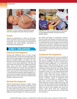 CHAPTER 8
240
Needs
Infants are dependent on others for all needs.
Food, cleanliness, and rest are essential for physi-
cal growth. Love and security are essential for
emotional and social growth. Stimulation is
essential for mental growth.
EARLY CHILDHOOD
Physical Development
During early childhood, from 1–6 years of age,
physical growth is slower than during infancy. By
age 6, the average weight is 45 pounds (20.4 kg),
and the average height is 46 inches (116 cm).
Skeletal and muscle development helps the child
assume a more adult appearance. The legs and
lower body tend to grow more rapidly than do the
head, arms, and chest. Muscle coordination
allows the child to run, climb, and move freely. As
muscles of the fingers develop, the child learns to
write, draw, and use a fork and knife. By age 2 or
3, most teeth have erupted, and the digestive sys-
tem is mature enough to handle most adult foods.
Between 2 and 4 years of age, most children learn
bladder and bowel control.
Mental Development
Mental development advances rapidly during
early childhood. Verbal growth progresses from
the use of several words at age 1 to a vocabulary
of 1,500–2,500 words at age 6. Two-year-olds have
short attention spans but are interested in many
different activities (figure 8-4). They can remem-
ber details and begin to understand concepts.
Four-year-olds ask frequent questions and usu-
ally recognize letters and some words.They begin
to make decisions based on logic rather than on
trial and error. By age 6, children are very verbal
and want to learn how to read and write. Memory
has developed to the point where the child can
make decisions based on both past and present
experiences.
Emotional Development
Emotional development also advances rapidly. At
ages 1–2, children begin to develop self-aware-
ness and to recognize the effect they have on
other people and things. Limits are usually estab-
lished for safety, leading the 1- or 2-year-old to
either accept or defy such limits. By age 2, most
children begin to gain self-confidence and are
enthusiastic about learning new things (figure
8-5). However, children can feel impatient and
frustrated as they try to do things beyond their
abilities. Anger, often in the form of “temper tan-
trums,” occurs when they cannot perform as
desired. Children at this age also like routine and
become stubborn, angry, or frustrated when
changes occur. From ages 4–6, children begin to
gain more control over their emotions. They
understand the concept of right and wrong, and
because they have achieved more independence,
they are not frustrated as much by their lack of
ability. By age 6, most children also show less
anxiety when faced with new experiences,
because they have learned they can deal with
new situations.
FIGURE 8-3 By 4 months of age, infants recog-
nize their caregivers and stare intently at others.
FIGURE 8-4 One to two-year-olds are interested
in many different activities, but they have short
attention spans.
Copyright 2009 Cengage Learning, Inc. All Rights Reserved. May not be copied, scanned, or duplicated, in whole or in part.
 