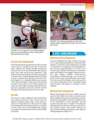 241
Human Growth and Development
Social Development
Social development expands from a self-centered
1-year-old to a sociable 6-year-old. In the early
years, children are usually strongly attached to
their parents (or to the individuals who provide
their care), and they fear any separation. They
begin to enjoy the company of others, but are still
very possessive. Playing alongside other children
is more common than playing with other chil-
dren (figure 8-6). Gradually, children learn to put
“self” aside and begin to take more of an interest
in others. They learn to trust other people and
make more of an effort to please others by becom-
ing more agreeable and social. Friends of their
own age are usually important to 6-year-olds.
Needs
The needs of early childhood still include food,
rest, shelter, protection, love, and security. In
addition, children need routine, order, and con-
sistency in their daily lives. They must be taught
to be responsible and must learn how to conform
to rules. This can be accomplished by making
reasonable demands based on the child’s ability
to comply.
LATE CHILDHOOD
Physical Development
The late childhood life stage, which covers ages
6–12, is also called preadolescence. Physical devel-
opment is slow but steady. Weight gain averages
4–7 pounds (2.3–3.2 kg) per year, and height usu-
ally increases approximately 2–3 inches (5–7.5
cm) per year. Muscle coordination is well devel-
oped, and children can engage in physical activi-
ties that require complex motor-sensory
coordination. During this age, most of the pri-
mary teeth are lost, and permanent teeth erupt.
The eyes are well developed, and visual acuity is
at its best. During ages 10–12, secondary sexual
characteristics may begin to develop in some
children.
Mental Development
Mental development increases rapidly because
much of the child’s life centers around school.
Speech skills develop more completely, and read-
ing and writing skills are learned. Children learn
to use information to solve problems, and the
memory becomes more complex. They begin to
understand more abstract concepts such as loy-
alty, honesty, values, and morals. Children use
more active thinking and become more adept at
making judgments (figure 8-7).
FIGURE 8-5 By age two, most children begin to
gain some self-confidence and are enthusiastic
about learning new things.
FIGURE 8-6 Playing alongside and with other
children allows preschoolers to learn how to interact
with others.
Copyright 2009 Cengage Learning, Inc. All Rights Reserved. May not be copied, scanned, or duplicated, in whole or in part.
 