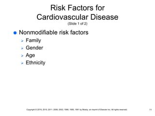 Risk Factors for
Cardiovascular Disease
(Slide 1 of 2)
 Nonmodifiable risk factors
 Family
 Gender
 Age
 Ethnicity
11
Copyright © 2019, 2015, 2011, 2006, 2003, 1999, 1995, 1991 by Mosby, an imprint of Elsevier Inc. All rights reserved.
 