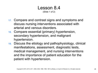Lesson 8.4
(Slide 1 of 2)
17. Compare and contrast signs and symptoms and
discuss nursing interventions associated with
arterial and venous disorders.
18. Compare essential (primary) hypertension,
secondary hypertension, and malignant
hypertension.
19. Discuss the etiology and pathophysiology, clinical
manifestations, assessment, diagnostic tests,
medical management, and nursing interventions
and the importance of patient education for the
patient with hypertension.
28
Copyright © 2019, 2015, 2011, 2006, 2003, 1999, 1995, 1991 by Mosby, an imprint of Elsevier Inc. All rights reserved.
 