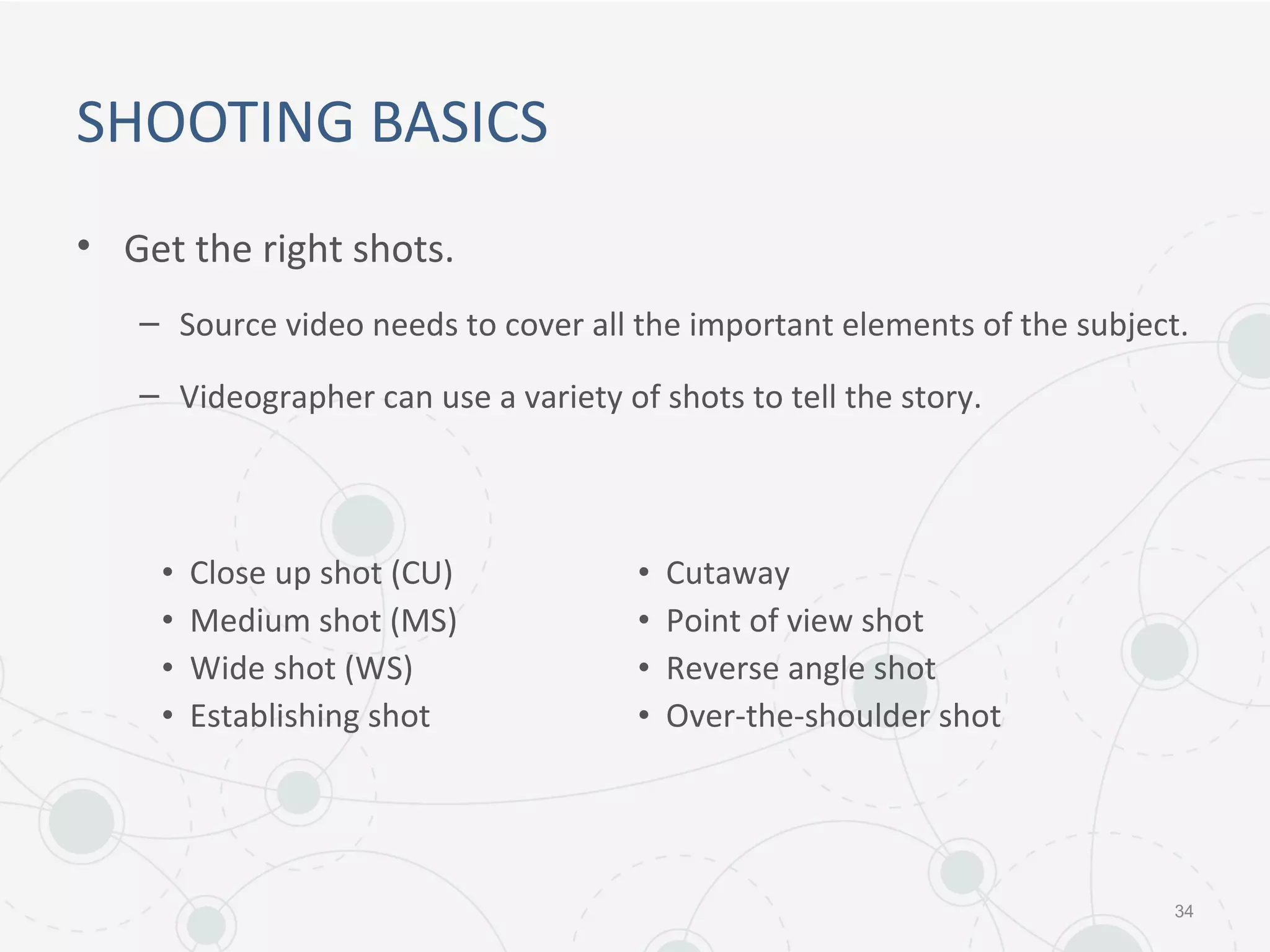 SHOOTING BASICS
• Get the right shots.
– Source video needs to cover all the important elements of the subject.
– Videographer can use a variety of shots to tell the story.
34
• Close up shot (CU)
• Medium shot (MS)
• Wide shot (WS)
• Establishing shot
• Cutaway
• Point of view shot
• Reverse angle shot
• Over-the-shoulder shot
 