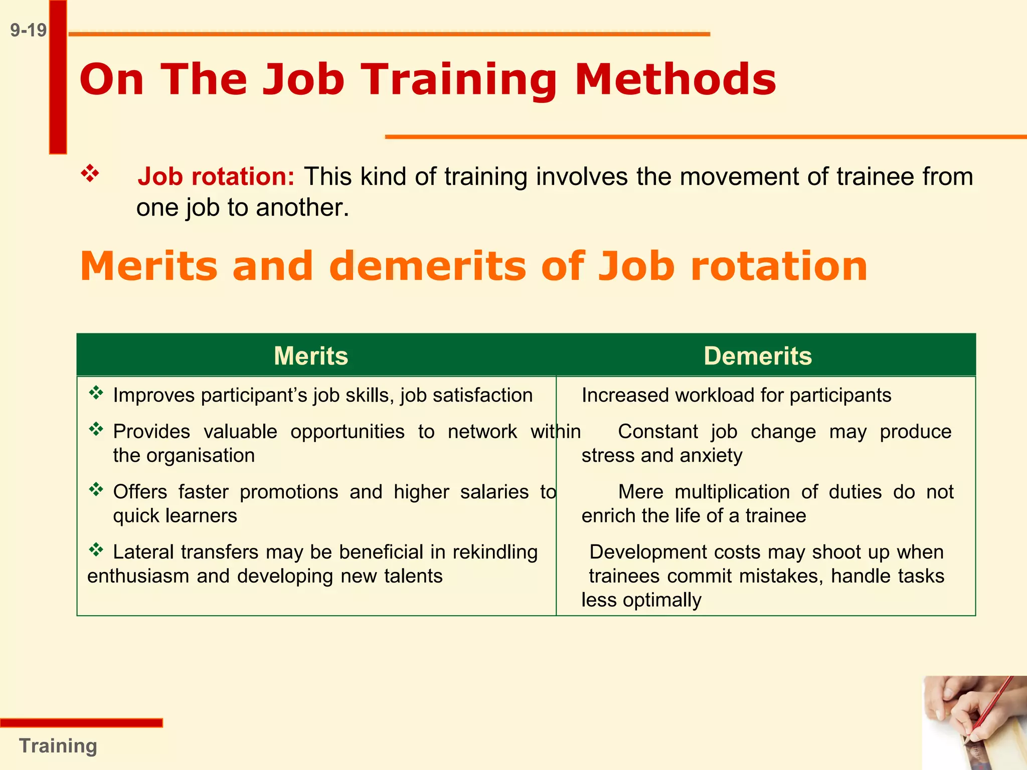 9-19
Training
 Job rotation: This kind of training involves the movement of trainee from
one job to another.
On The Job Training Methods
Merits and demerits of Job rotation
Merits Demerits
 Improves participant’s job skills, job satisfaction Increased workload for participants
 Provides valuable opportunities to network within Constant job change may produce
the organisation stress and anxiety
 Offers faster promotions and higher salaries to Mere multiplication of duties do not
quick learners enrich the life of a trainee
 Lateral transfers may be beneficial in rekindling Development costs may shoot up when
enthusiasm and developing new talents trainees commit mistakes, handle tasks
less optimally
 