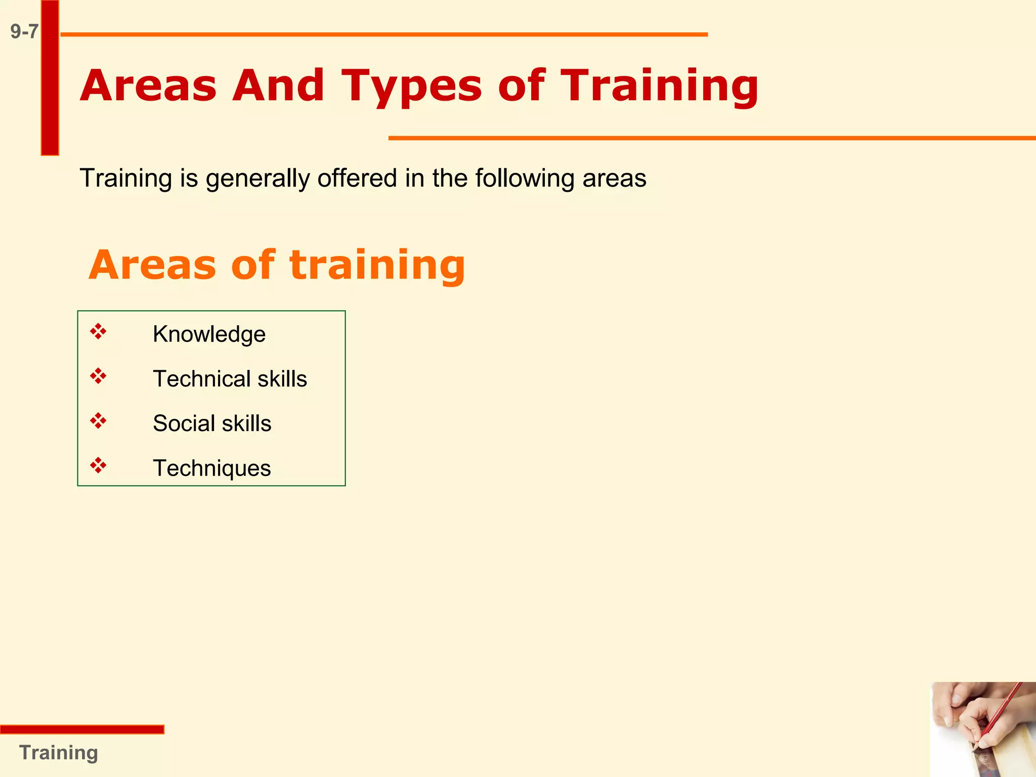 9-7
Areas And Types of Training
Training is generally offered in the following areas
Training
Areas of training
 Knowledge
 Technical skills
 Social skills
 Techniques
 