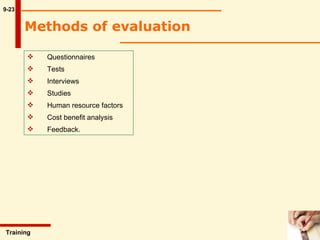 9-23 Training  Methods of evaluation   Questionnaires Tests Interviews Studies Human resource factors Cost benefit analysis Feedback. 