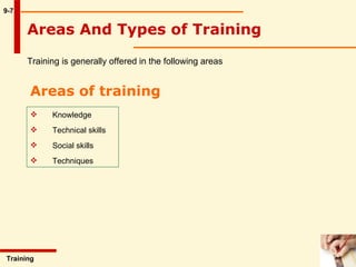 9-7 Areas And Types of Training Training is generally offered in the following areas   Training  Areas of training   Knowledge  Technical skills Social skills Techniques 