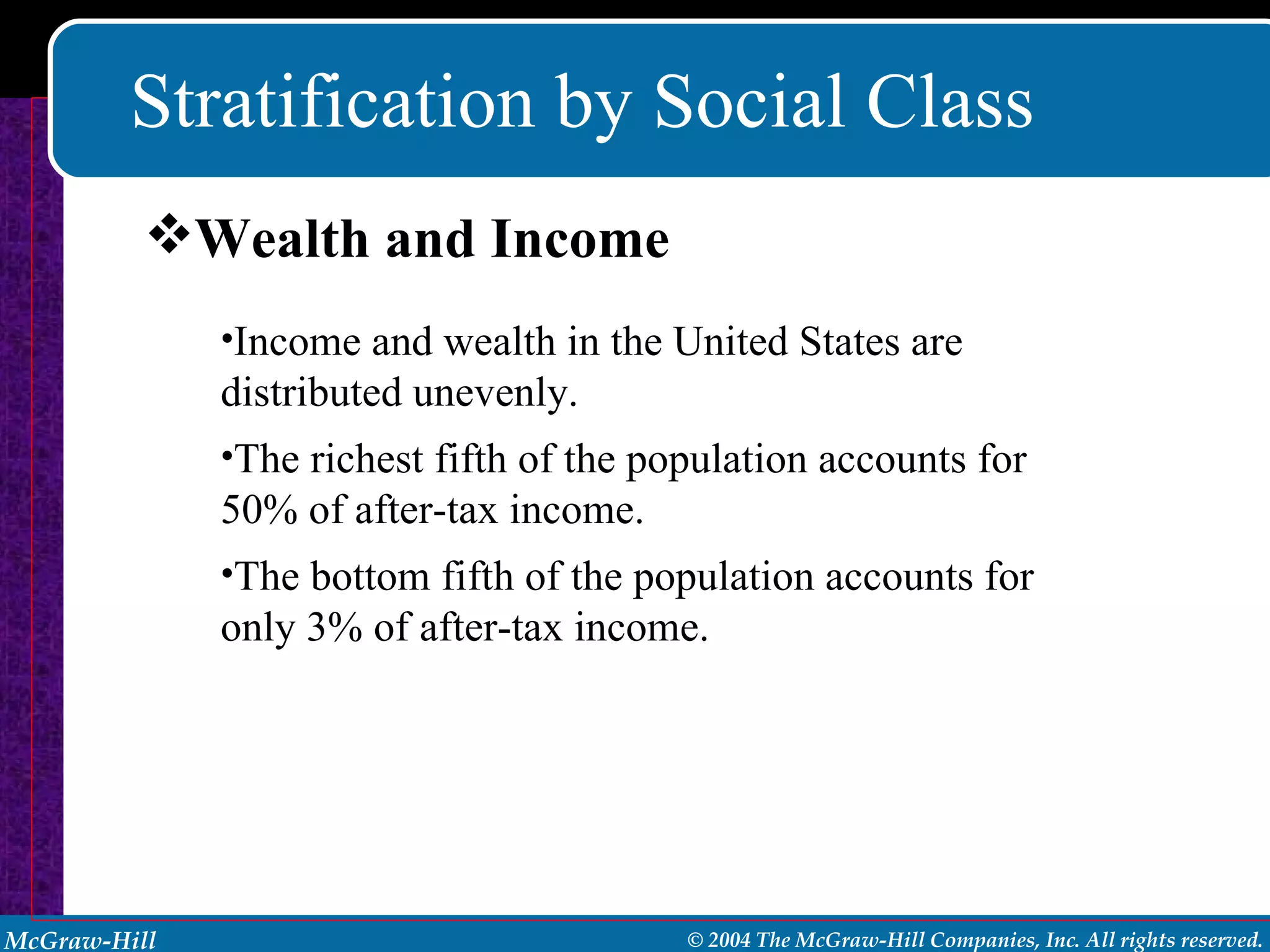 Stratification by Social Class Wealth and Income Income and wealth in the United States are distributed unevenly. The richest fifth of the population accounts for 50% of after-tax income. The bottom fifth of the population accounts for only 3% of after-tax income. 