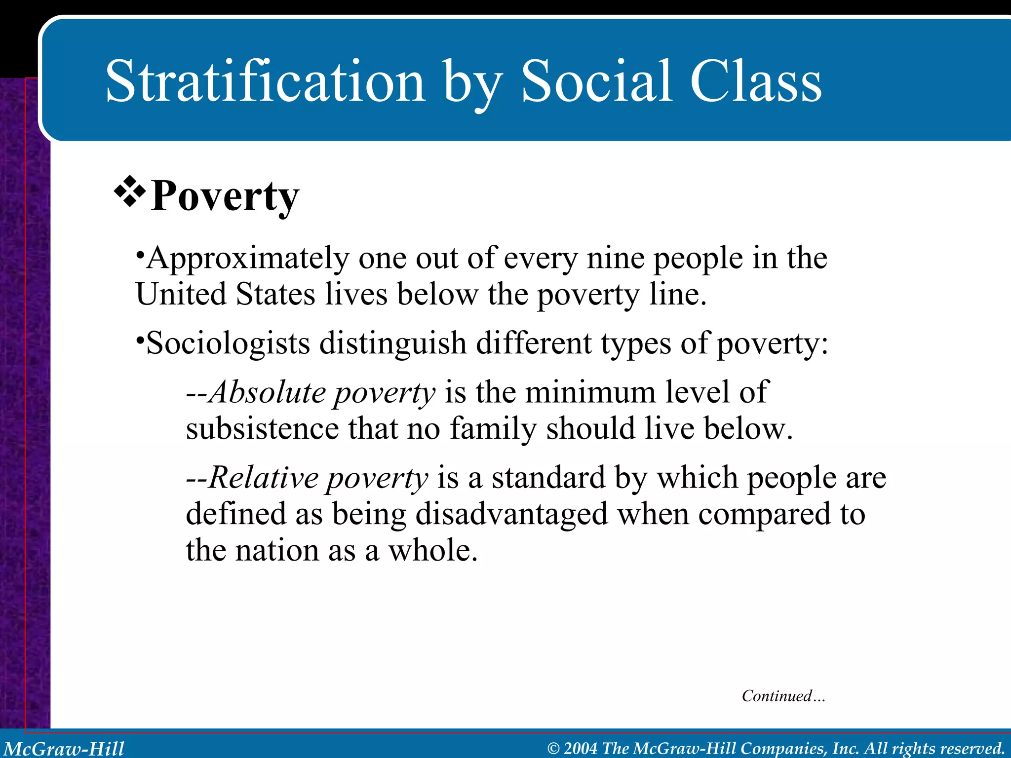 Stratification by Social Class Poverty Approximately one out of every nine people in the United States lives below the poverty line. Sociologists distinguish different types of poverty: --Absolute poverty  is the minimum level of subsistence that no family should live below.  --Relative poverty  is a standard by which people are defined as being disadvantaged when compared to the nation as a whole. Continued… 