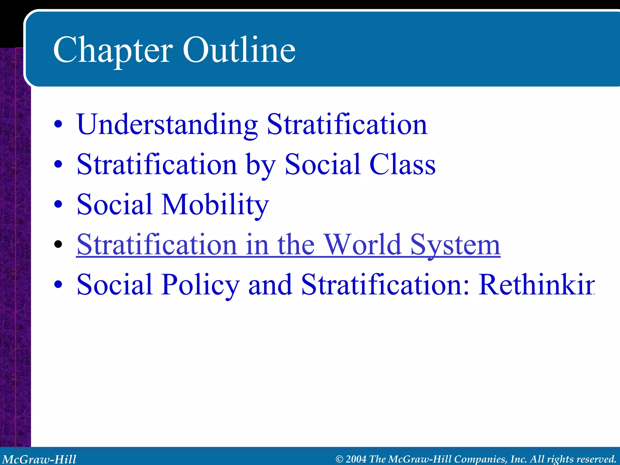 Chapter Outline Understanding Stratification Stratification by Social Class Social Mobility Stratification in the World System Social Policy and Stratification: Rethinking Welfare in North America and Europe 