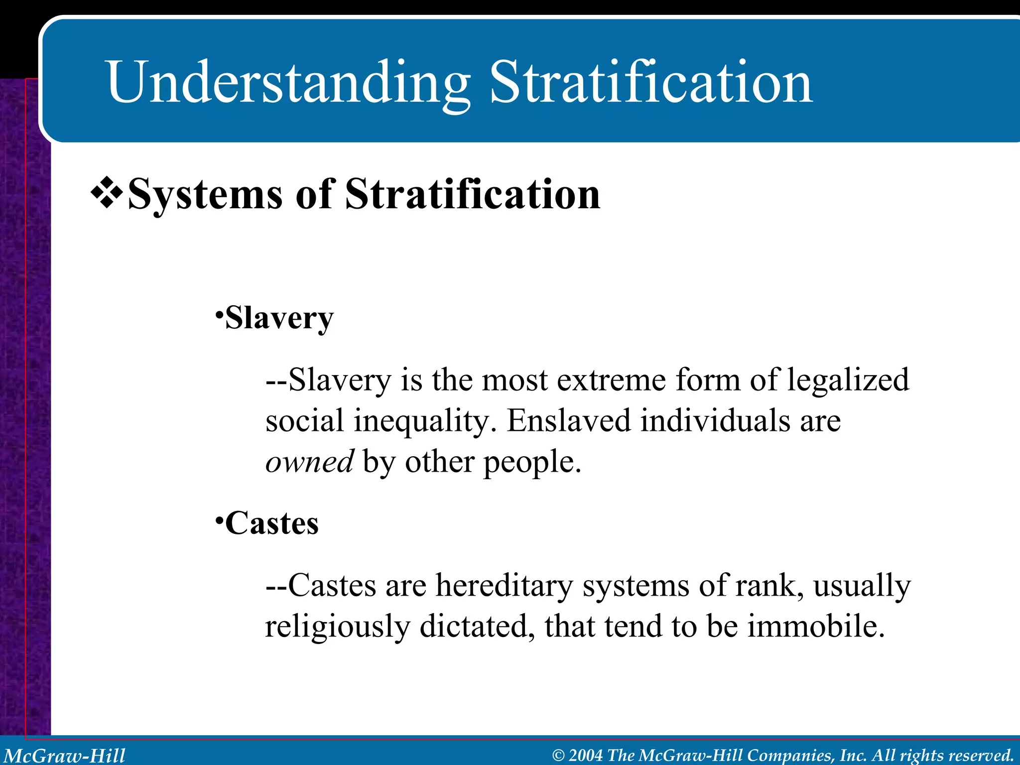 Understanding Stratification Systems of Stratification Slavery --Slavery is the most extreme form of legalized social inequality. Enslaved individuals are  owned  by other people. Castes --Castes are hereditary systems of rank, usually religiously dictated, that tend to be immobile. 