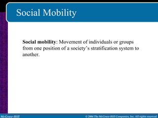 Social Mobility Social mobility : Movement of individuals or groups from one position of a society’s stratification system to another. 