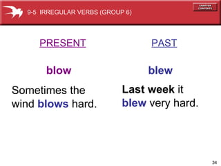 PRESENT   PAST blow   blew Sometimes the  wind  blows  hard. Last week  it blew  very hard. 9-5  IRREGULAR VERBS (GROUP 6) 