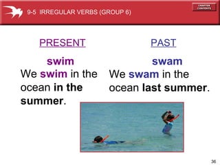 PRESENT   PAST swim   swam We  swim  in the ocean  in the  summer . We  swam  in the ocean  last summer . 9-5  IRREGULAR VERBS (GROUP 6) 