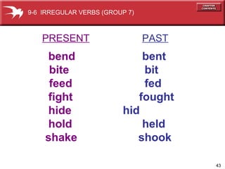 PRESENT   PAST bend  bent bite   bit feed   fed fight fought hide   hid hold  held shake   shook  9-6  IRREGULAR VERBS (GROUP 7) 