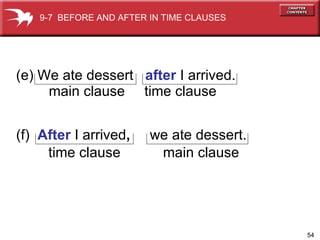 (e) We ate dessert  after  I arrived. main clause time clause (f)  After  I arrived ,   we ate dessert. main clause time clause 9-7  BEFORE AND AFTER IN TIME CLAUSES 
