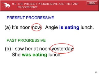 (a) It’s noon now.  Angie  is eating  lunch. PRESENT PROGRESSIVE (b) I saw her at noon yesterday.  She  was eating  lunch. PAST PROGRESSIVE 9-9  THE PRESENT PROGRESSIVE AND THE PAST  PROGRESSIVE 