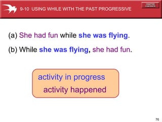 (a)  She had fun  while  she was flying . (b)   While  she was flying ,   she had fun . activity in progress   activity happened 9-10  USING WHILE WITH THE PAST PROGRESSIVE 