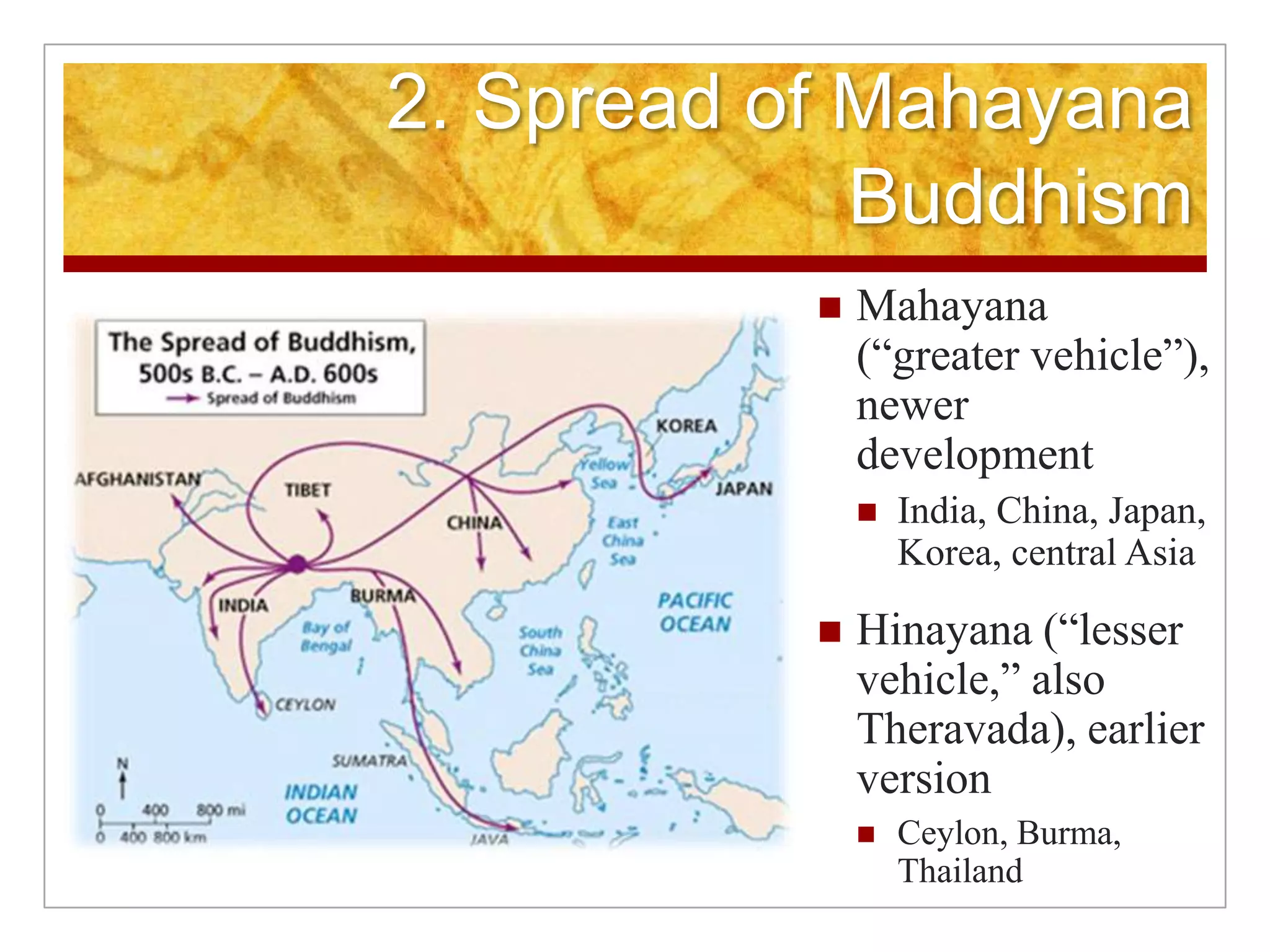 2. Spread of Mahayana BuddhismMahayana (“greater vehicle”), newer developmentIndia, China, Japan, Korea, central AsiaHinayana (“lesser vehicle,” also Theravada), earlier versionCeylon, Burma, Thailand