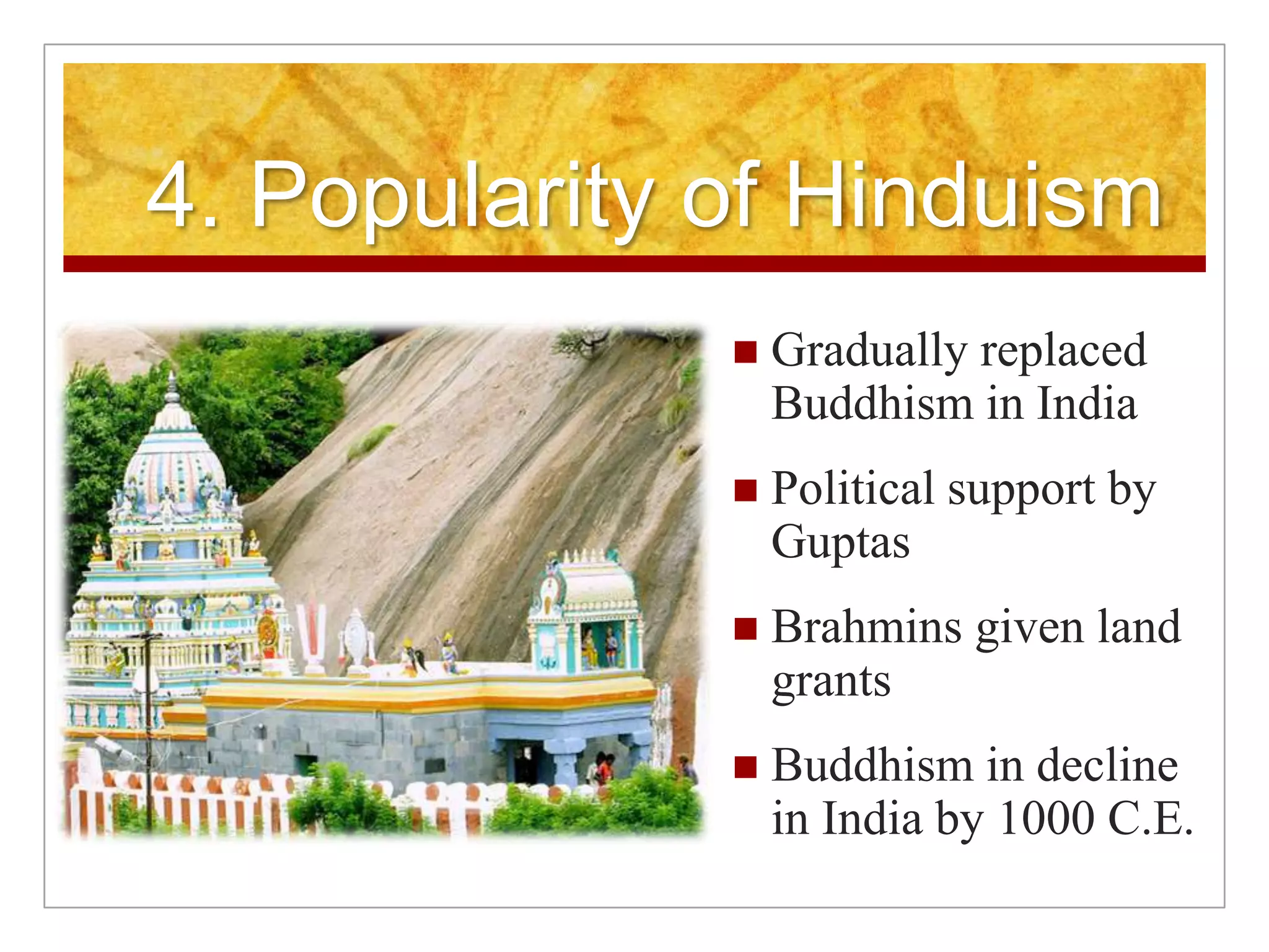 4. Popularity of HinduismGradually replaced Buddhism in IndiaPolitical support by GuptasBrahmins given land grantsBuddhism in decline in India by 1000 C.E.
