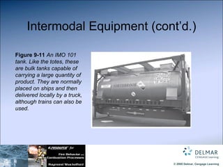 Intermodal Equipment (cont’d.) Figure 9-11  An IMO 101 tank. Like the totes, these are bulk tanks capable of carrying a large quantity of product. They are normally placed on ships and then delivered locally by a truck, although trains can also be used. 
