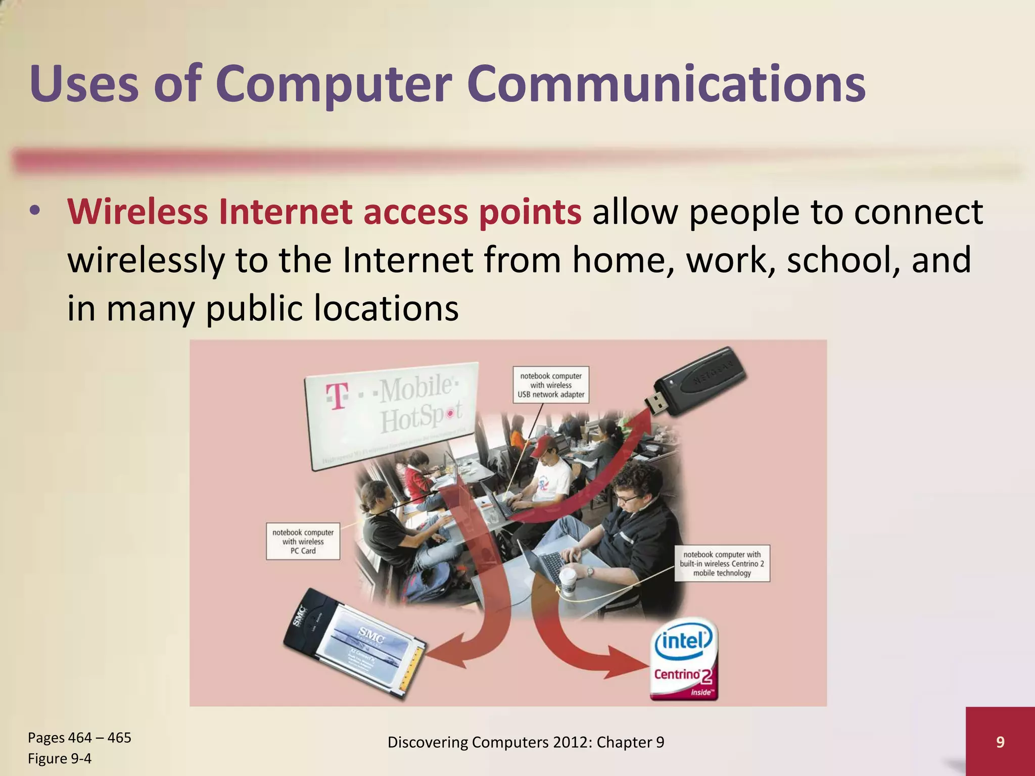 Uses of Computer Communications

• Wireless Internet access points allow people to connect
  wirelessly to the Internet from home, work, school, and
  in many public locations




Pages 464 – 465      Discovering Computers 2012: Chapter 9   9
Figure 9-4
 