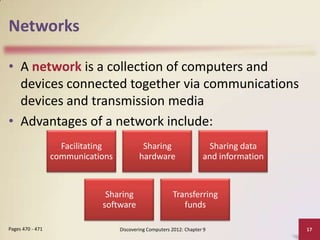 Networks

• A network is a collection of computers and
  devices connected together via communications
  devices and transmission media
• Advantages of a network include:
                    Facilitating            Sharing                     Sharing data
                  communications           hardware                   and information



                              Sharing                    Transferring
                             software                       funds

Pages 470 - 471                    Discovering Computers 2012: Chapter 9                17
 